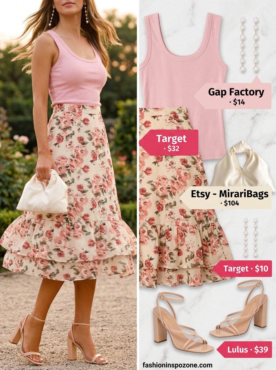 Romantic pink floral midi skirt with a blush pink tank for summer evenings. 20 Summer Pink Outfits for Women 2026.