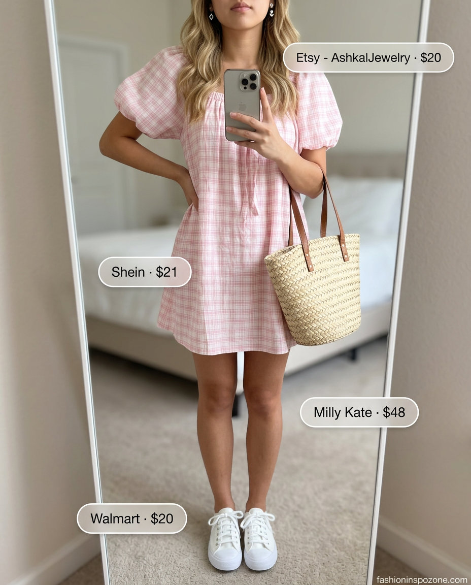 Sweet pink gingham square neck mini dress for a summer picnic or festival. 20 Summer Pink Outfits for Women 2026.