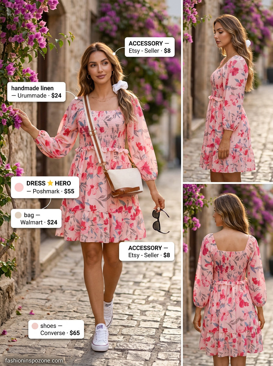 Playful pink floral sundress with denim crossbody for a casual day out. 20 Summer Pink Outfits for Women 2026.