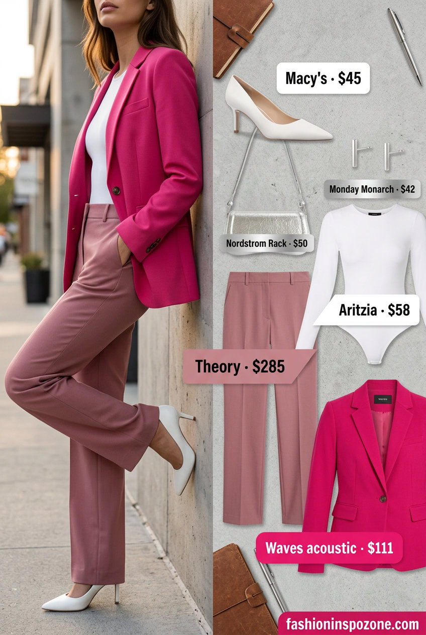 Bold hot pink power suit with white bodysuit for a confident look. 20 Summer Pink Outfits for Women 2026.