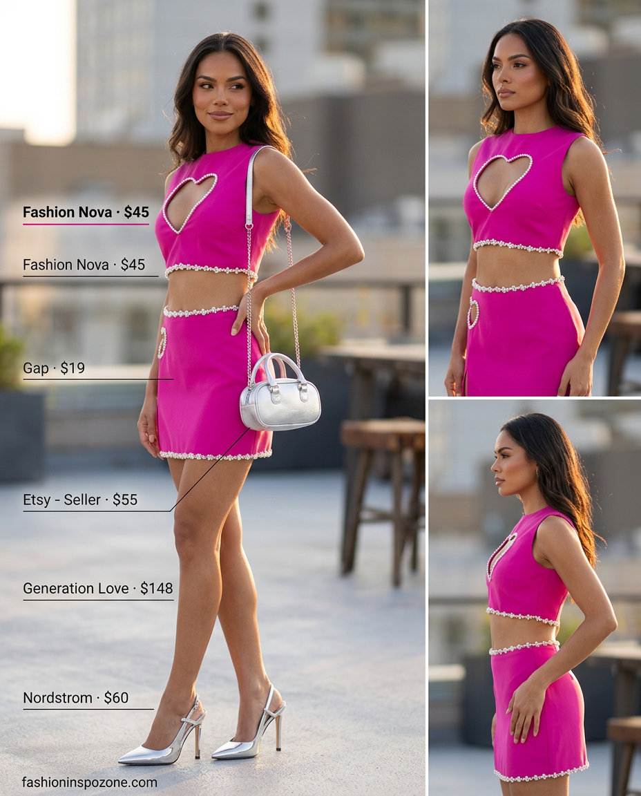 Bold magenta pink power suit with white tank, silver heels, and crossbody bag. 20 Summer Pink Outfits for Women 2026.