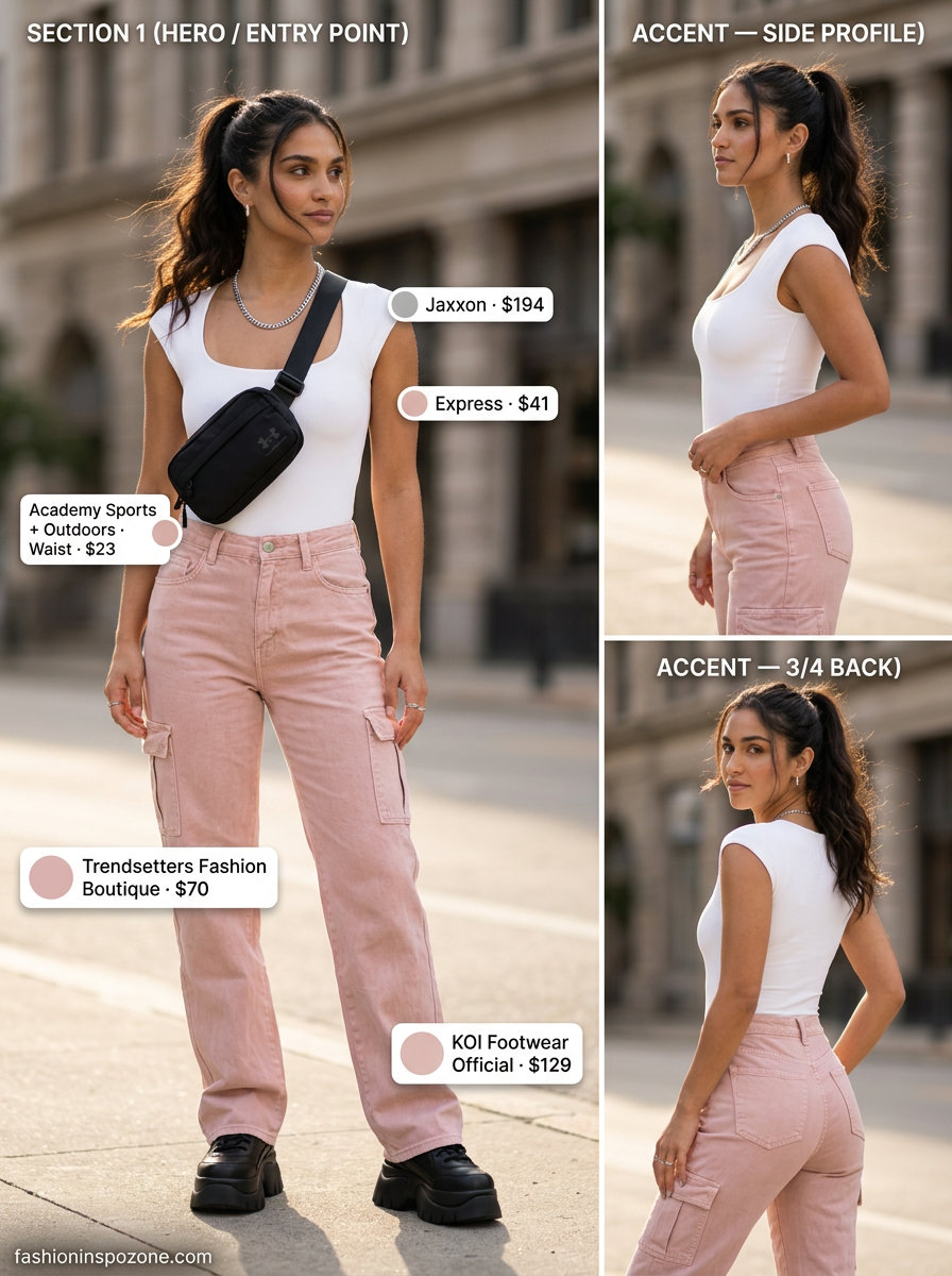 Chic dusty rose pink cargo pants outfit with white bodysuit, chunky sneakers, and black belt bag. 20 Summer Pink Outfits for Women 2026.
