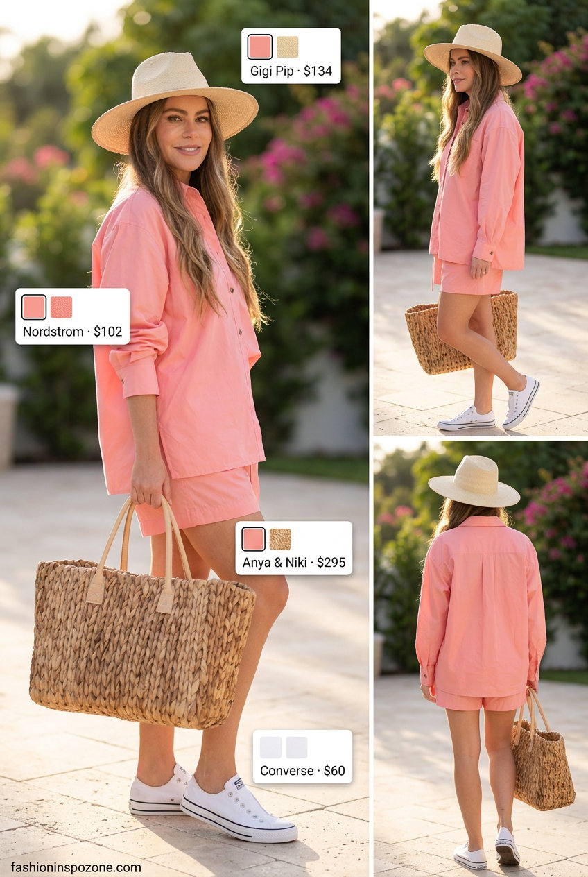 Coastal chic coral pink linen set with white sneakers, straw hat, and tote. 20 Summer Pink Outfits for Women 2026.