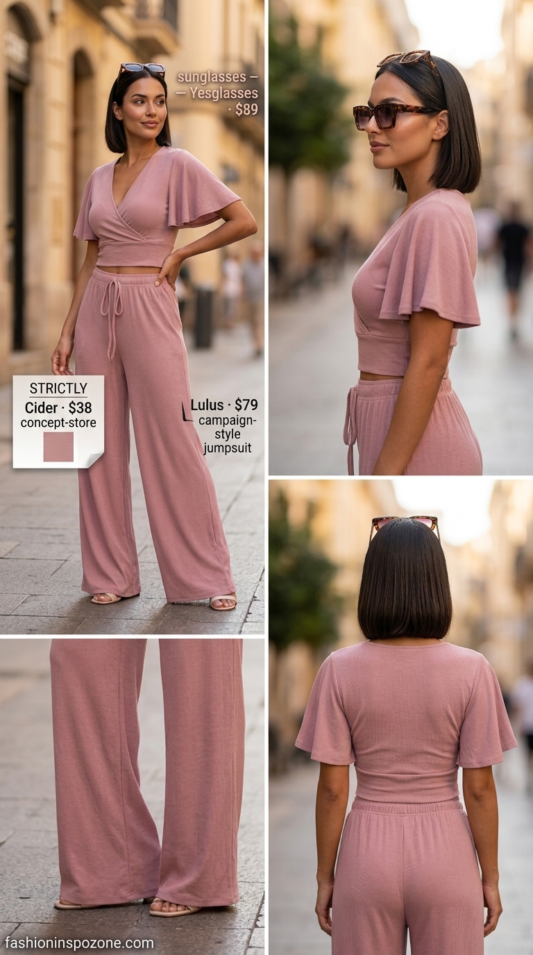 Elevated rose pink knit set with cream sneakers, tortoiseshell sunglasses, and tan crossbody bag. 20 Summer Pink Outfits for Women 2026.