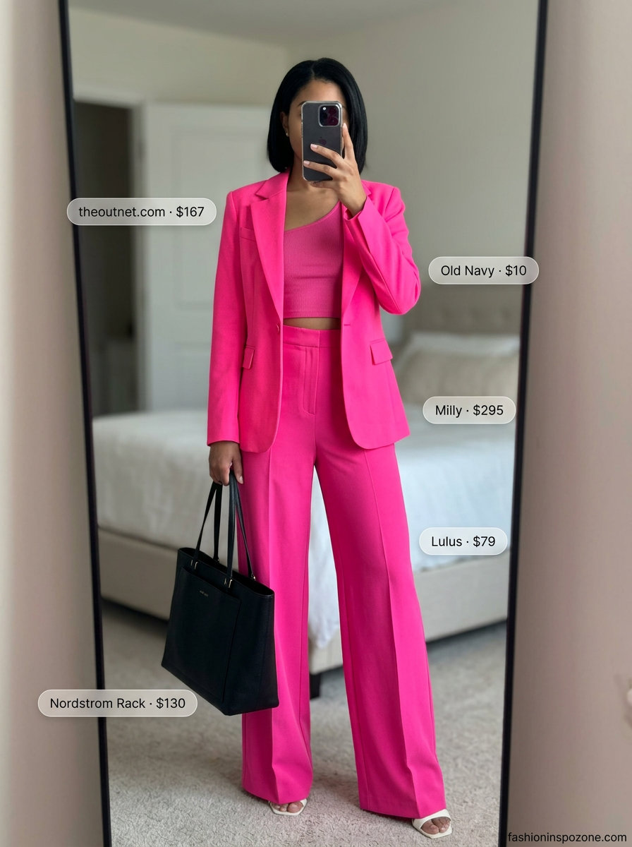 Modern pink power suit with white tank, nude heels, and structured tote. 20 Summer Pink Outfits for Women 2026.