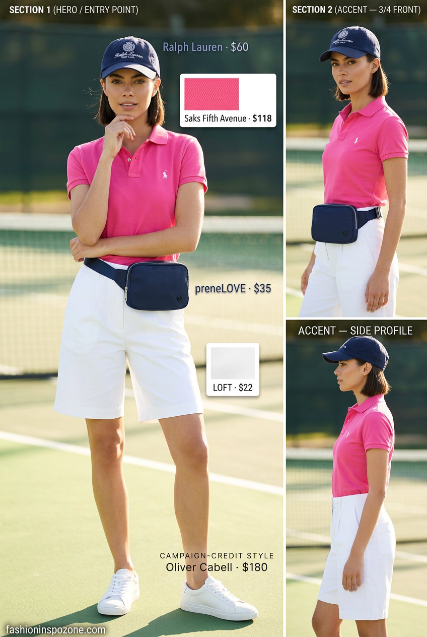 Preppy pink polo outfit with white Bermuda shorts, navy cap, and belt bag. 20 Summer Pink Outfits for Women 2026.