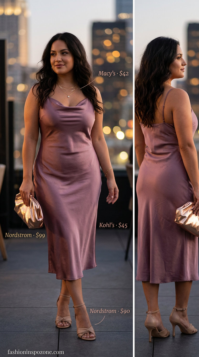 Romantic blush pink satin slip dress with gold jewelry, cream sandals, and clutch. 20 Summer Pink Outfits for Women 2026.