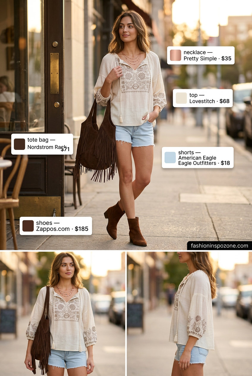 20 Summer Tote Bag Outfits for Women 2026: Boho festival look with denim shorts, peasant blouse, and fringe canvas tote.