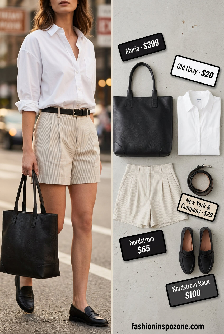 20 Summer Tote Bag Outfits for Women 2026: Polished city look with tailored shorts, crisp shirt, and structured leather tote.
