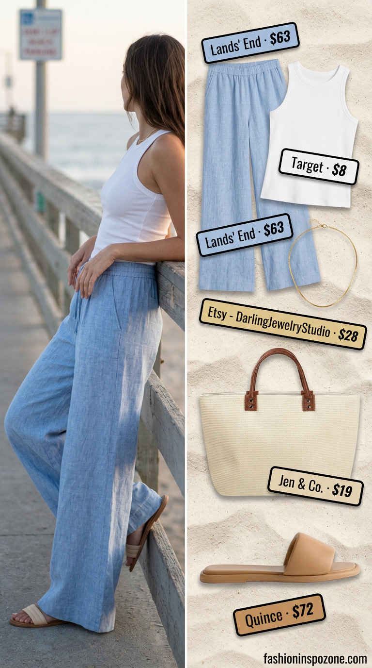 20 Summer Tote Bag Outfits for Women 2026: Coastal outfit with linen pants, ribbed tank, and oversized straw tote.