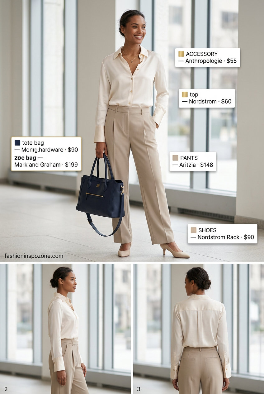 20 Summer Tote Bag Outfits for Women 2026: Professional office look with tailored trousers, silk blouse, and structured navy tote.