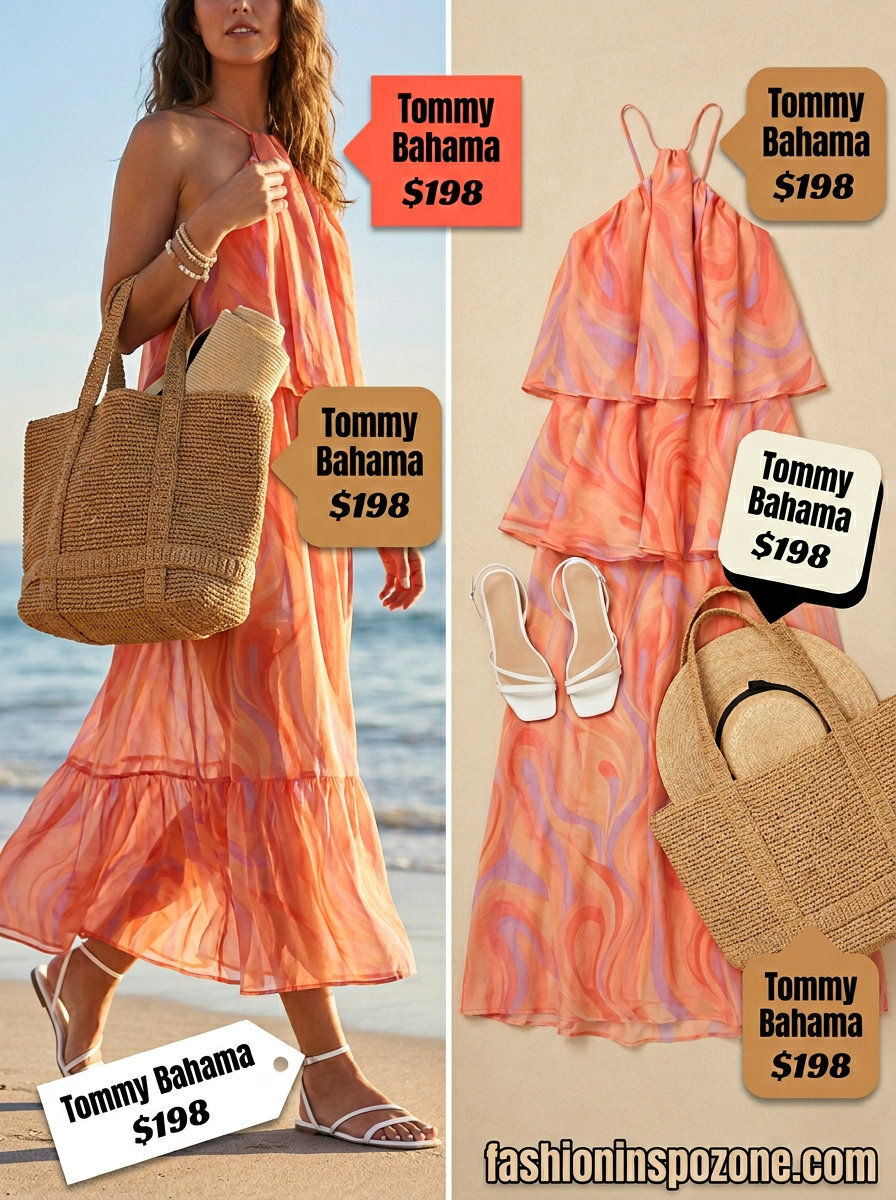 20 Summer Tote Bag Outfits for Women 2026: Bohemian maxi dress, straw hat, and large raffia tote for vacation style.