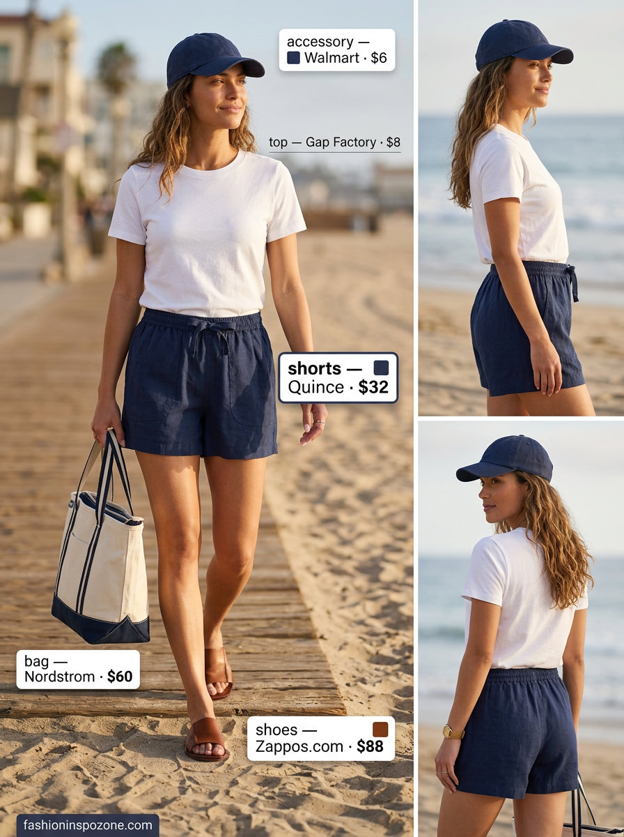 20 Summer Tote Bag Outfits for Women 2026: Casual weekend outfit with navy linen shorts, white tee, and striped tote bag.