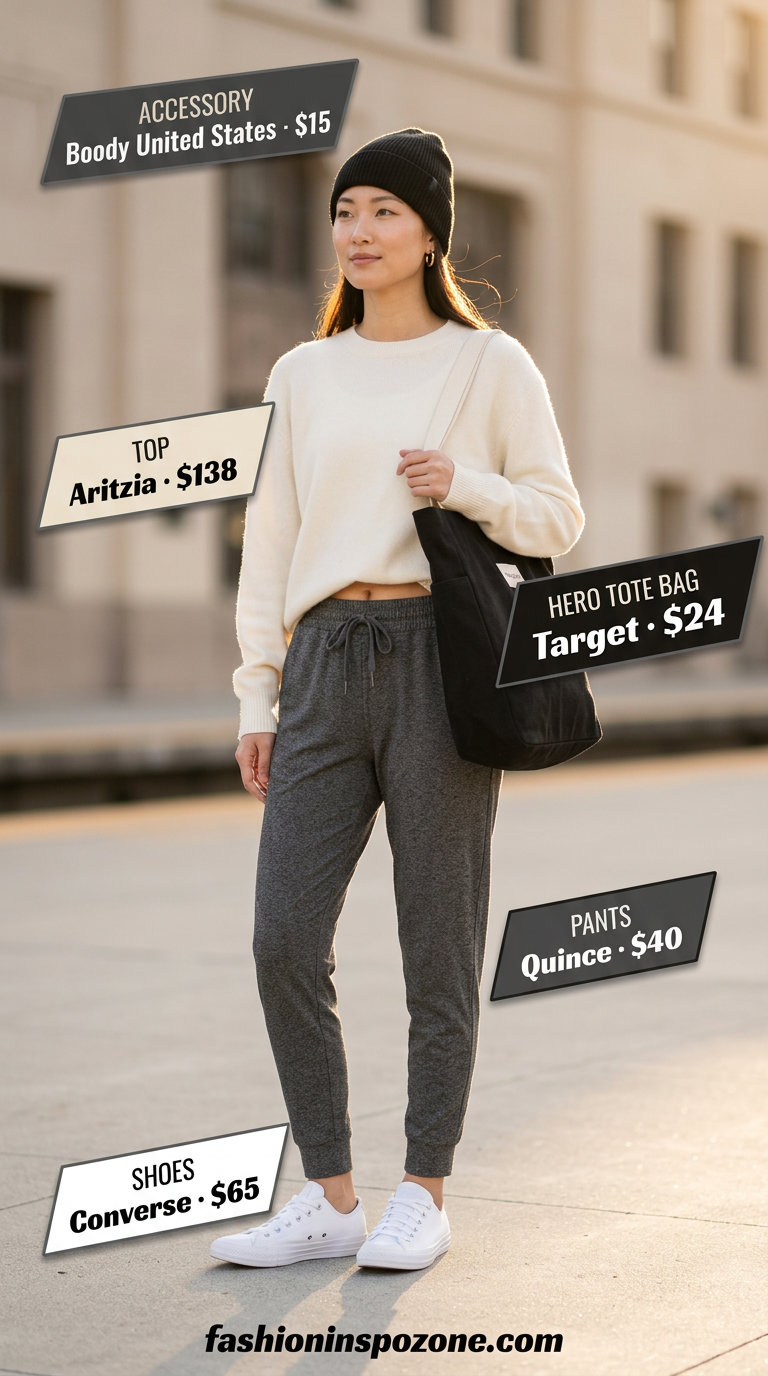 20 Summer Tote Bag Outfits for Women 2026: Weekend getaway outfit with joggers, knit sweater, and convertible crossbody tote.