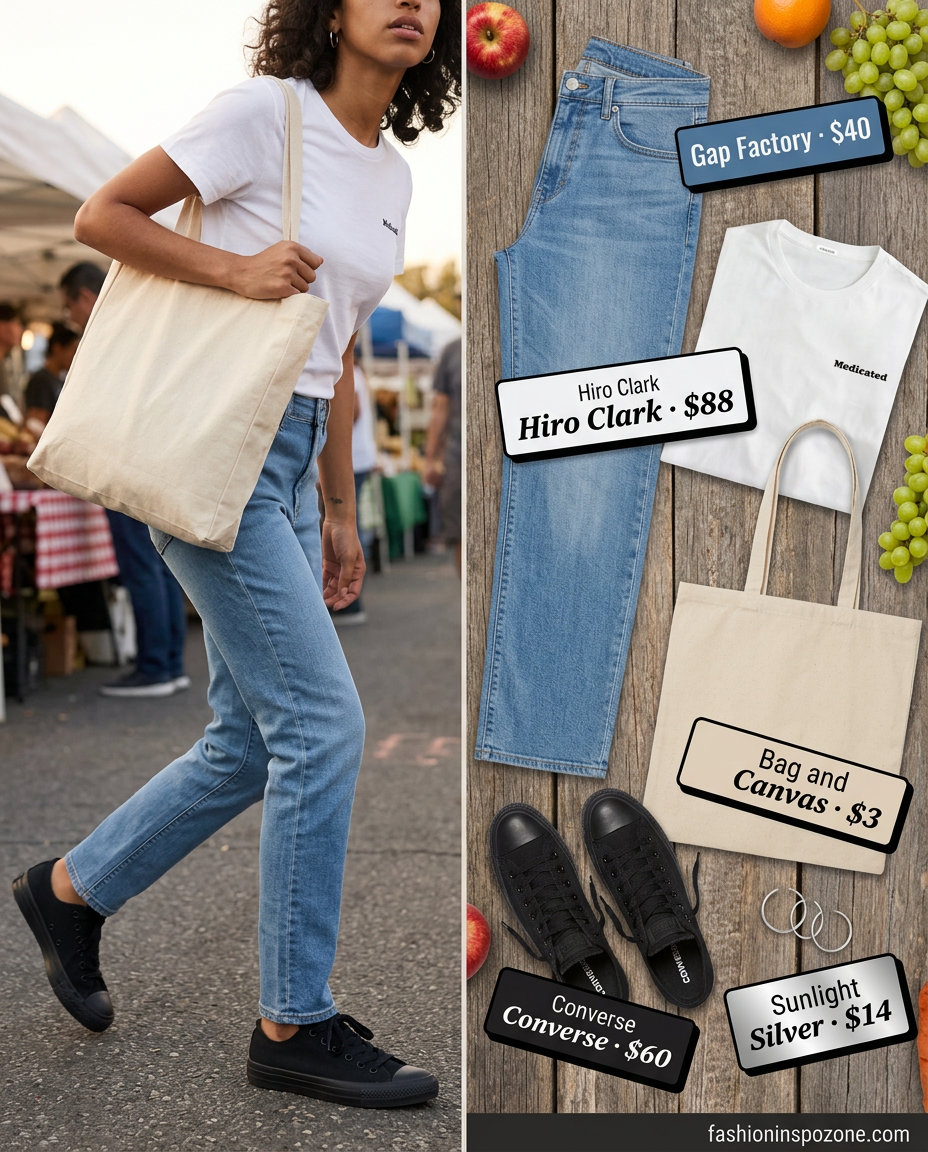 20 Summer Tote Bag Outfits for Women 2026: Casual market outfit with denim jeans, graphic tee, and durable canvas tote.