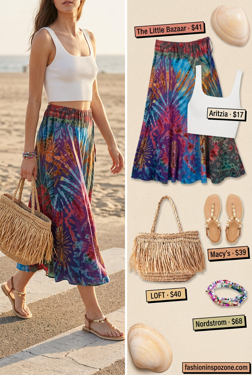 Boho summer outfit with a tie-dye maxi skirt, white crop top, and fringe tote bag. 20 Summer Tote Bag Outfits for Women 2026.