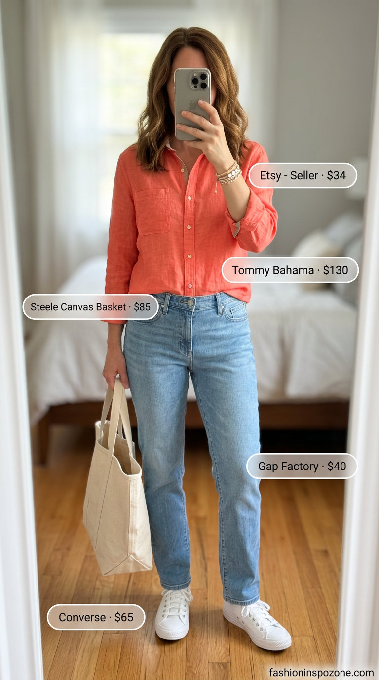Casual weekend outfit with denim jeans, a coral linen shirt, and a canvas tote bag. 20 Summer Tote Bag Outfits for Women 2026.