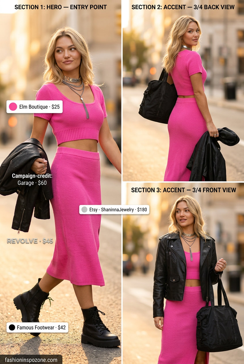 Edgy festival outfit with a hot pink set, biker jacket, and combat boots. No tote bag shown. 20 Summer Tote Bag Outfits for Women 2026.