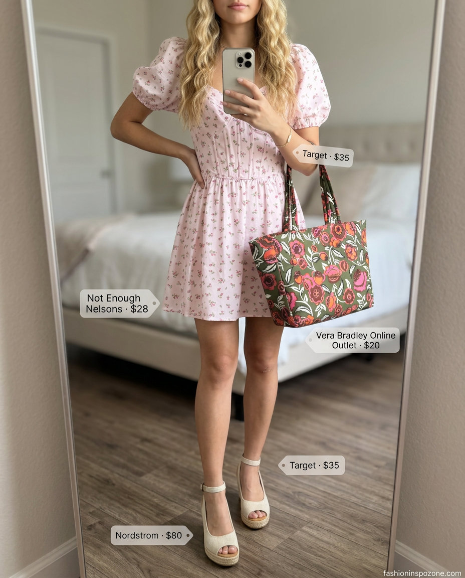 Feminine brunch outfit with a pink floral mini dress, canvas tote bag, and espadrille wedges. 20 Summer Tote Bag Outfits for Women 2026.