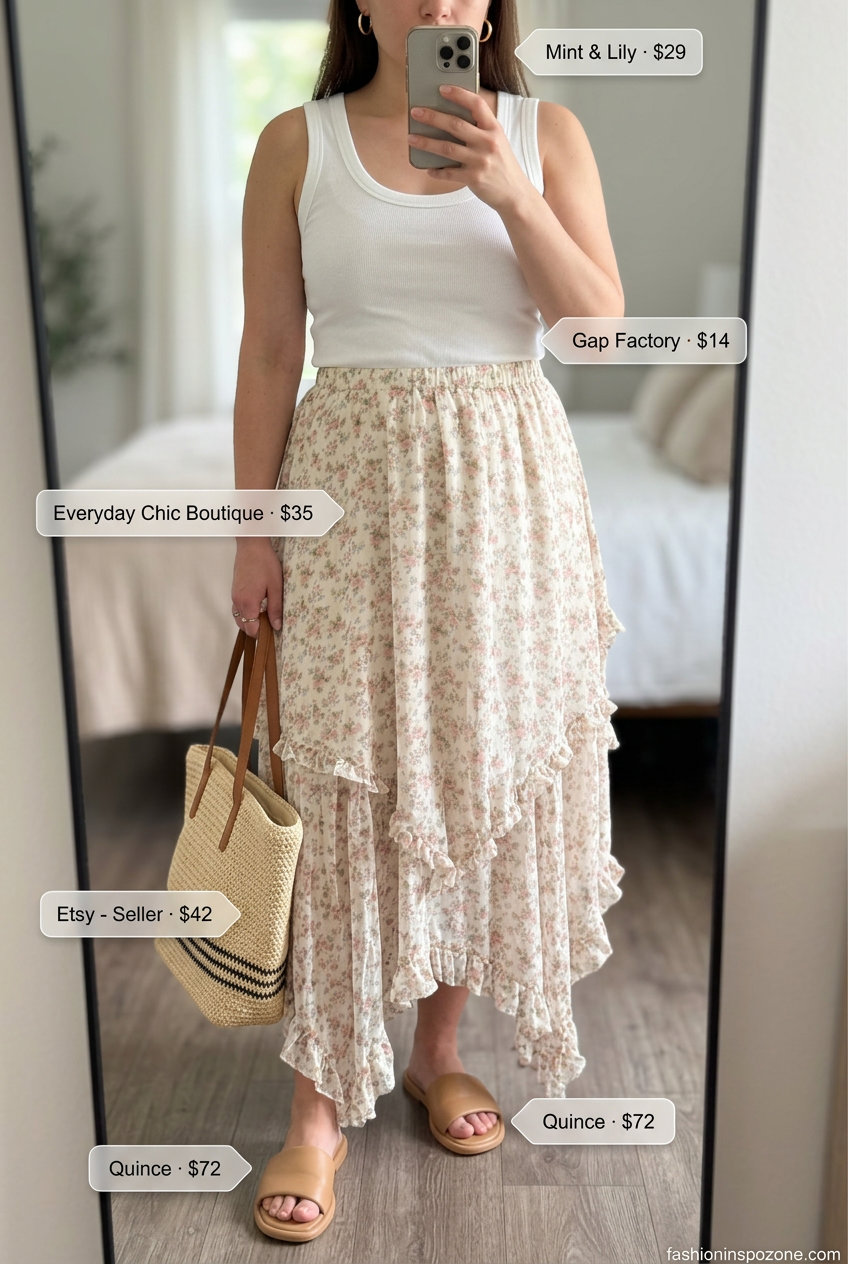 Feminine garden party outfit with a floral midi skirt, white tank, and straw tote bag. 20 Summer Tote Bag Outfits for Women 2026.