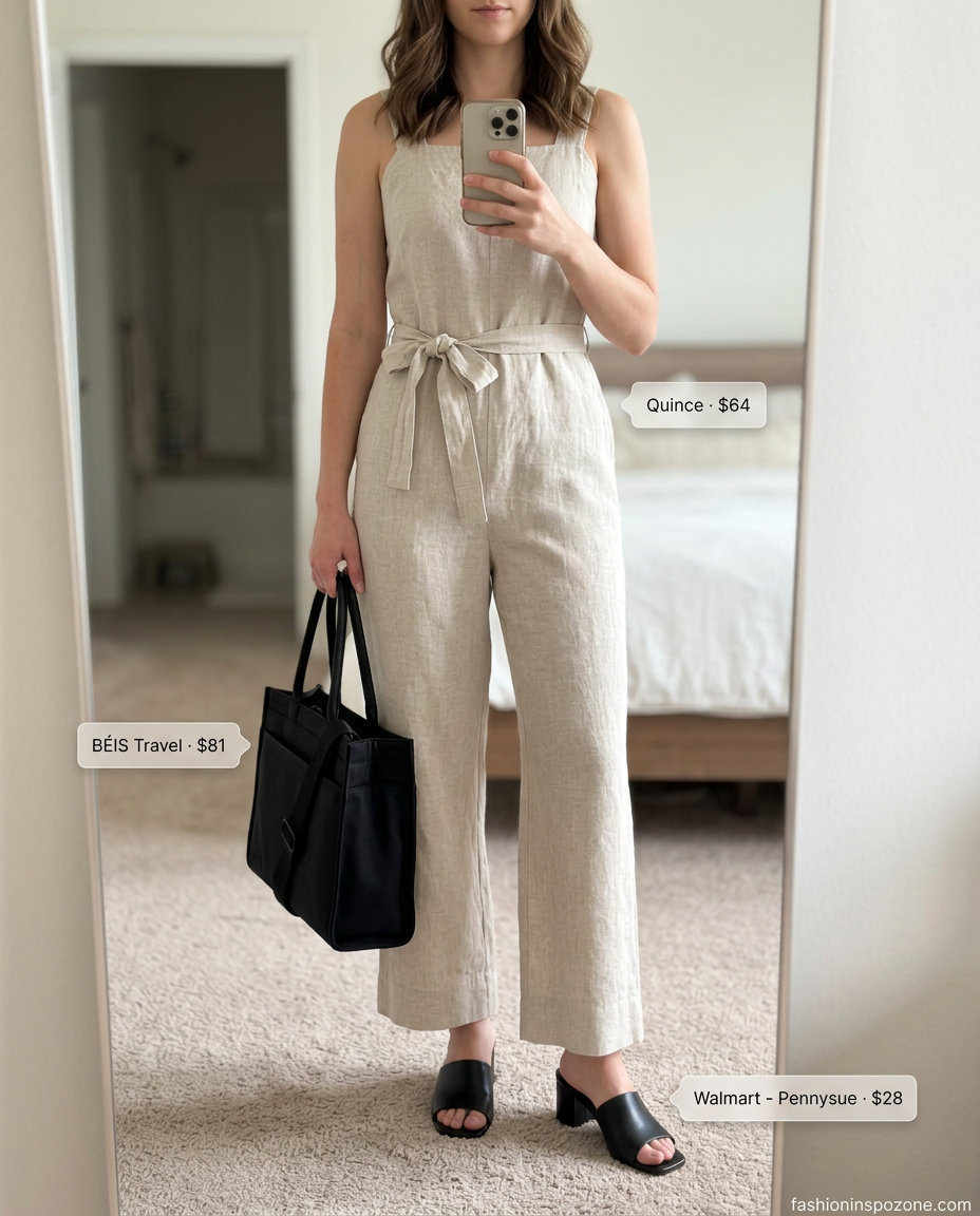 Modern minimalist outfit with a beige jumpsuit, black mules, and a canvas tote bag. 20 Summer Tote Bag Outfits for Women 2026.