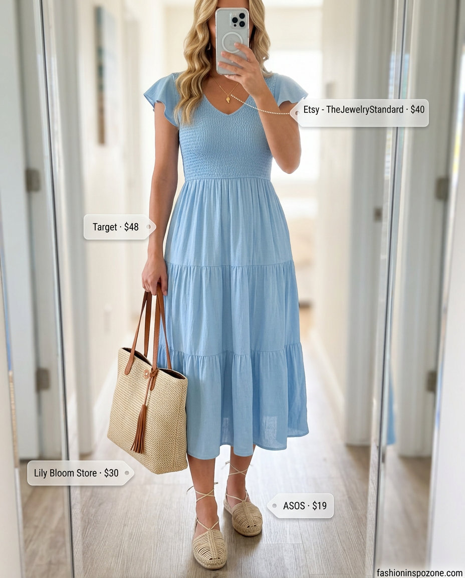 Airy coastal outfit with a sky blue midi dress, straw tote bag, and espadrille flats. 20 Summer Tote Bag Outfits for Women 2026.
