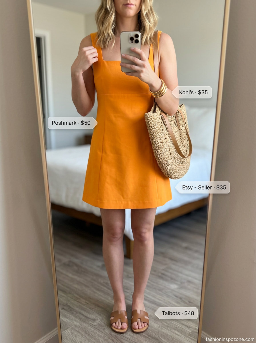 Chic summer evening outfit with a bright orange mini dress, straw tote bag, and gold bangles. 20 Summer Tote Bag Outfits for Women 2026.