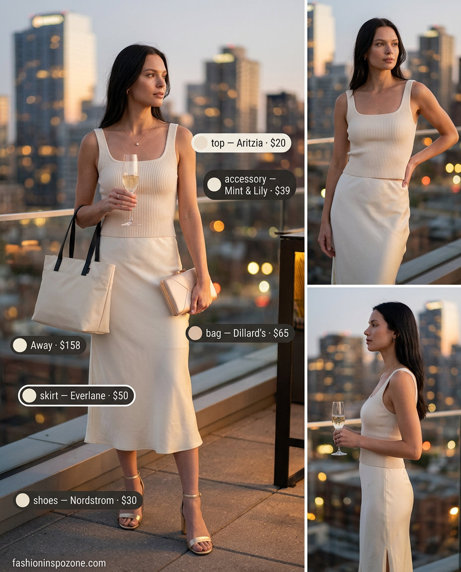 Glamorous evening outfit with a champagne satin skirt, ribbed tank, and gold heels. No tote bag shown. 20 Summer Tote Bag Outfits for Women 2026.