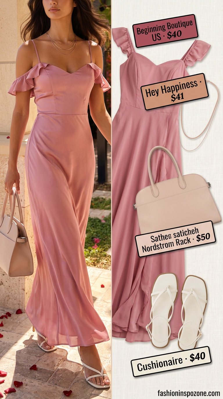 Blush pink chiffon maxi dress for summer wedding guest or garden party. 20 Summer Pink Outfits for Women 2026.
