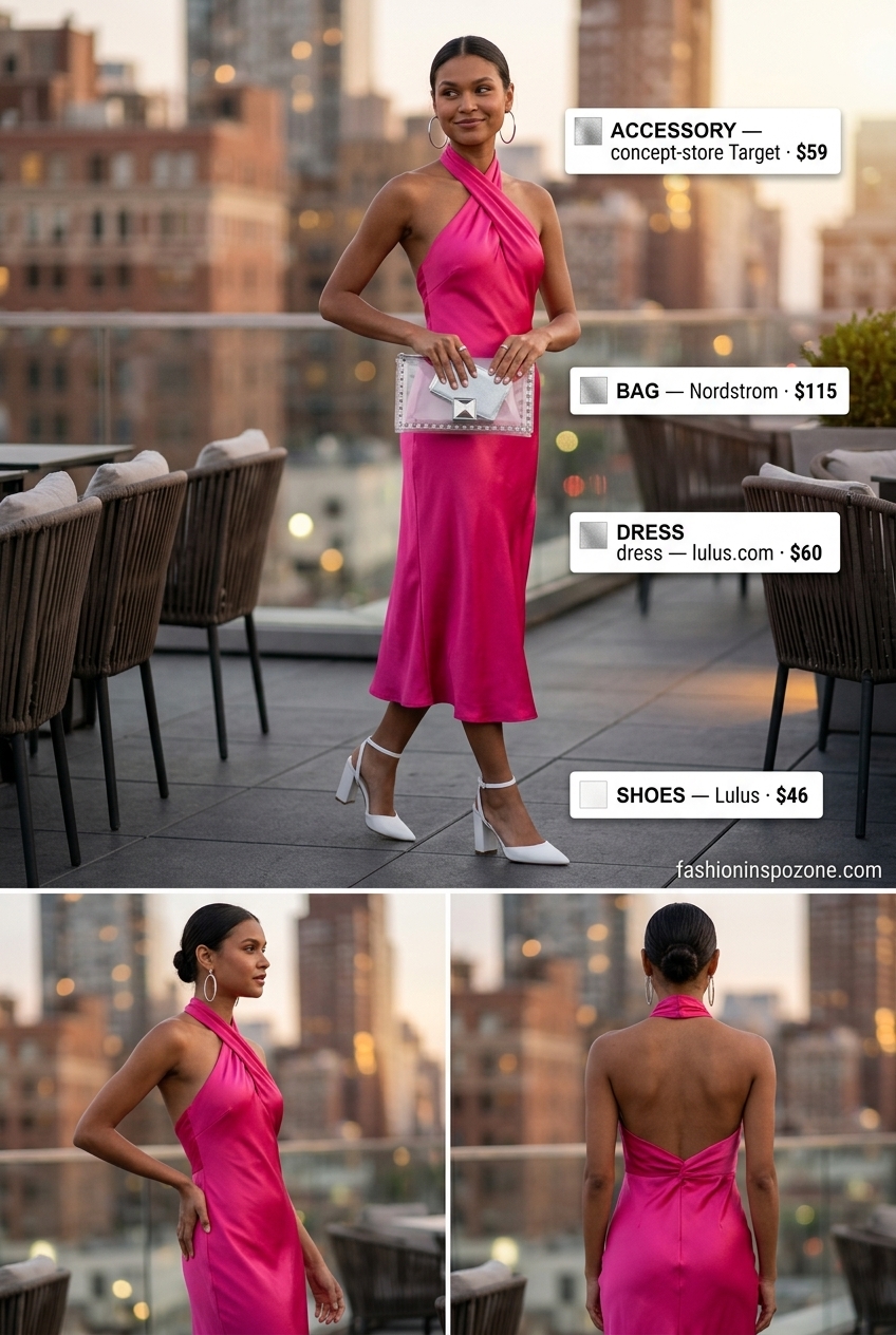 Bright pink halter neck midi dress for summer evenings or retro parties. 20 Summer Pink Outfits for Women 2026.
