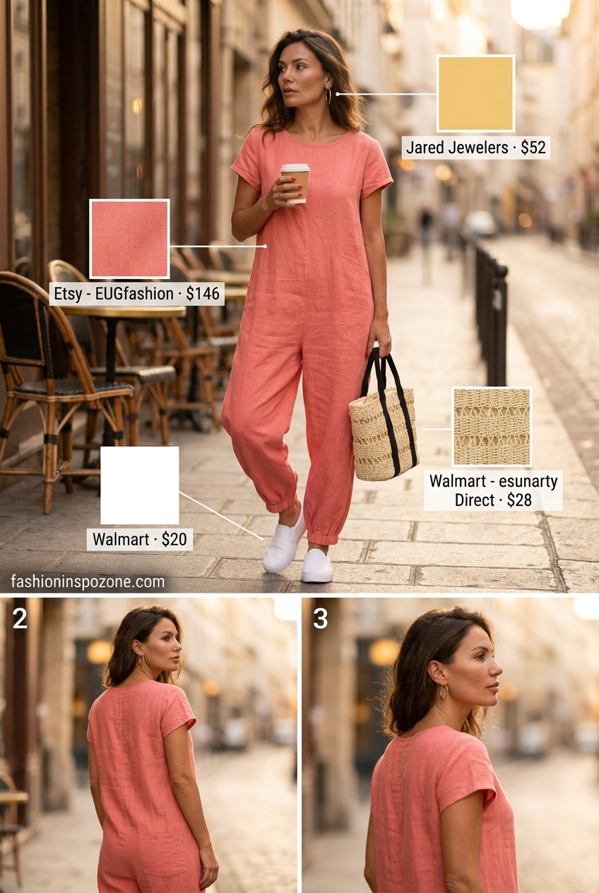 Coral pink linen jumpsuit for travel or weekend getaways. 20 Summer Pink Outfits for Women 2026.