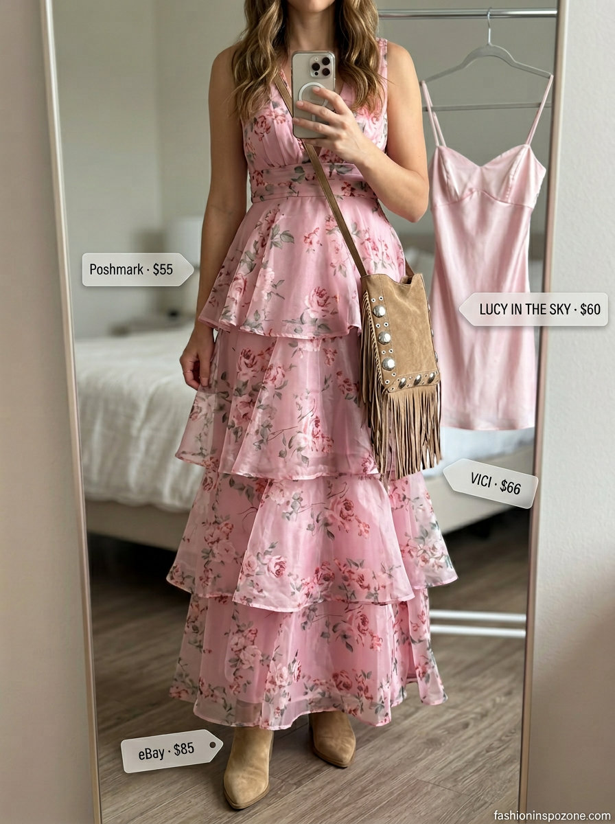 Rose pink floral maxi dress for garden parties or festivals. 20 Summer Pink Outfits for Women 2026.