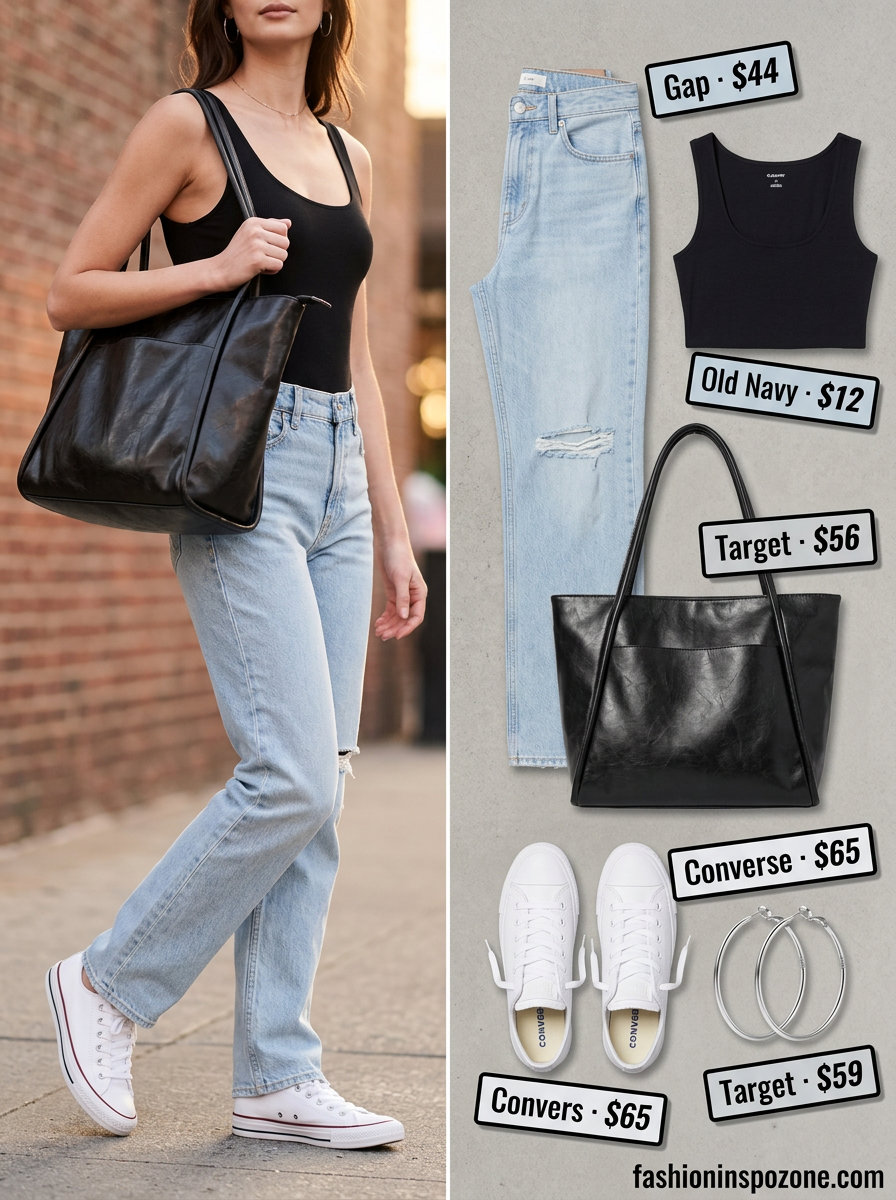 Cool city casual outfit: light wash jeans, black bodysuit, white sneakers, and a large black tote bag for summer 2026.