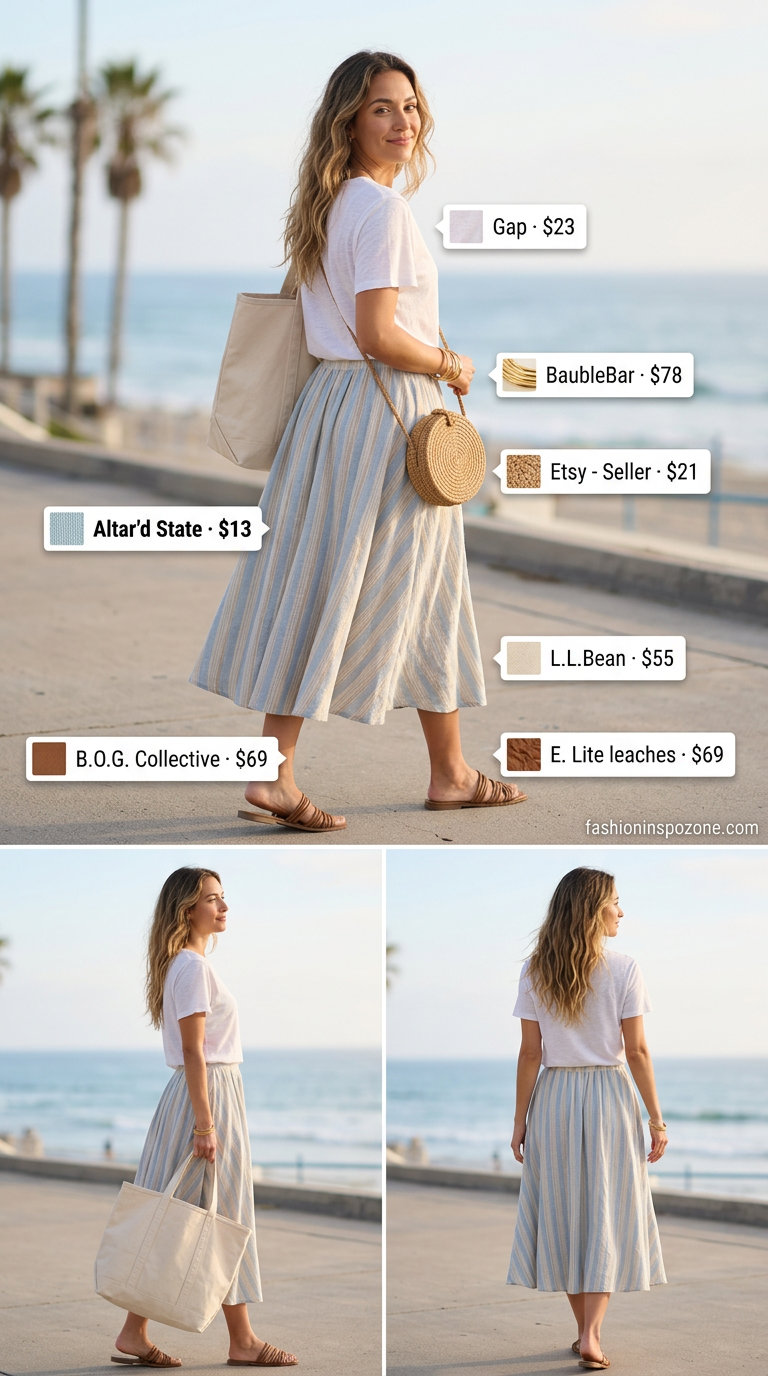 Bohemian coastal outfit: tiered midi skirt, cropped tee, straw bag, and leather slides. Relaxed summer style for 2026.