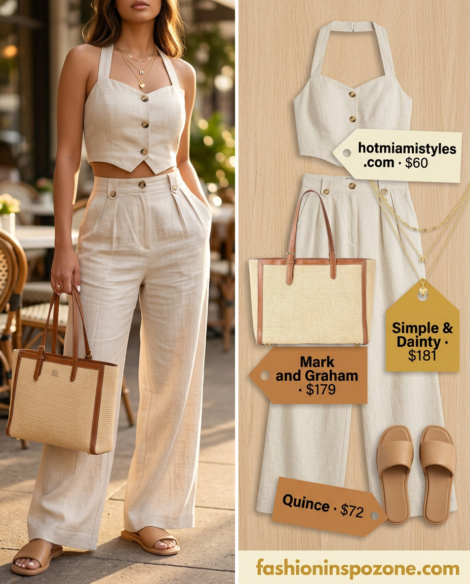 Effortless linen set with a woven tote bag, gold jewelry, and leather slides. Chic vacation outfit for summer 2026.