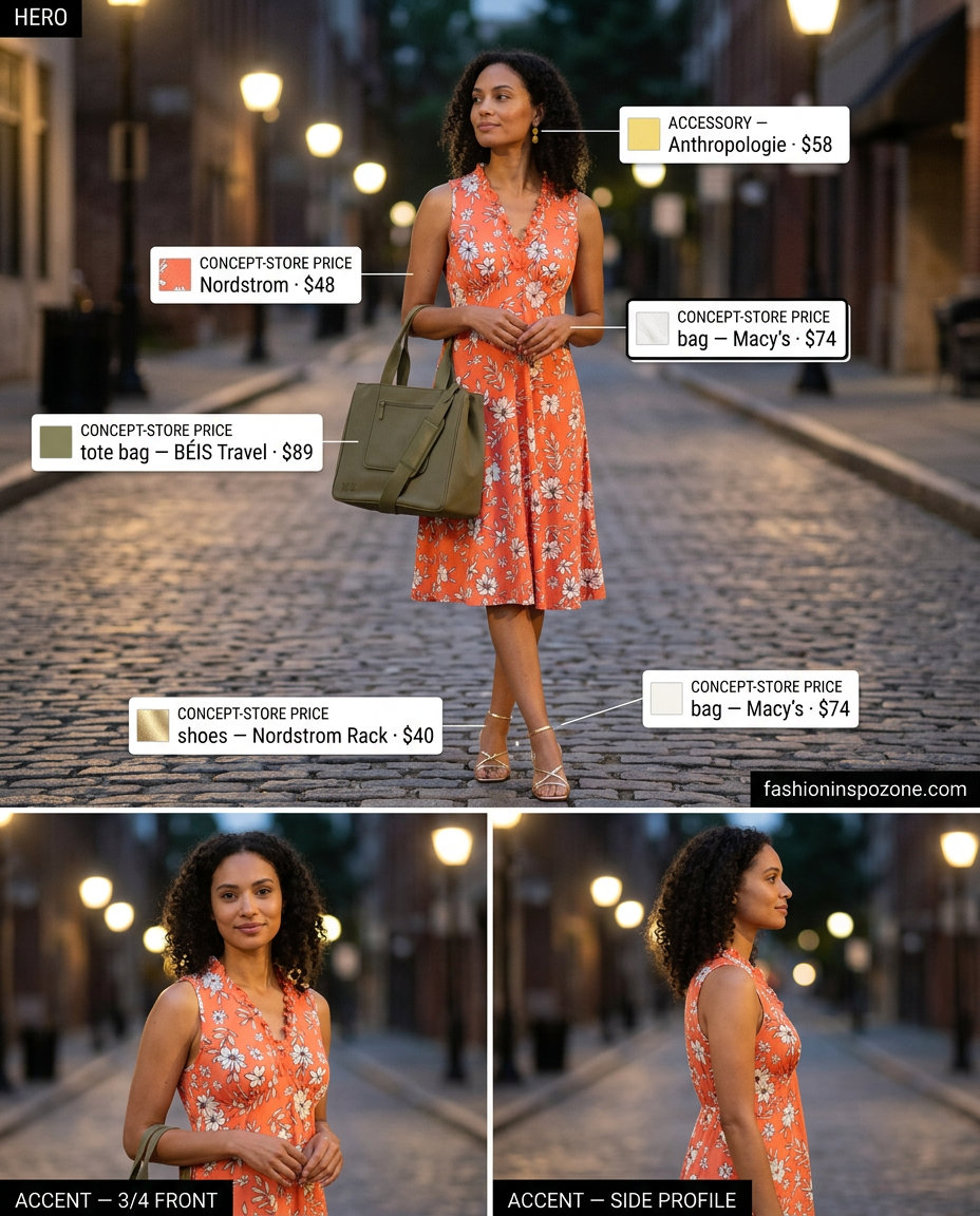 Elegant summer date night outfit: coral floral maxi dress, gold sandals, and a clutch. A chic alternative for evening events.