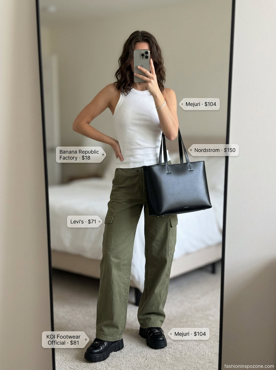 Edgy urban outfit: olive cargo pants, white tank, chunky sneakers, and a structured tote bag. Trendy for summer 2026.