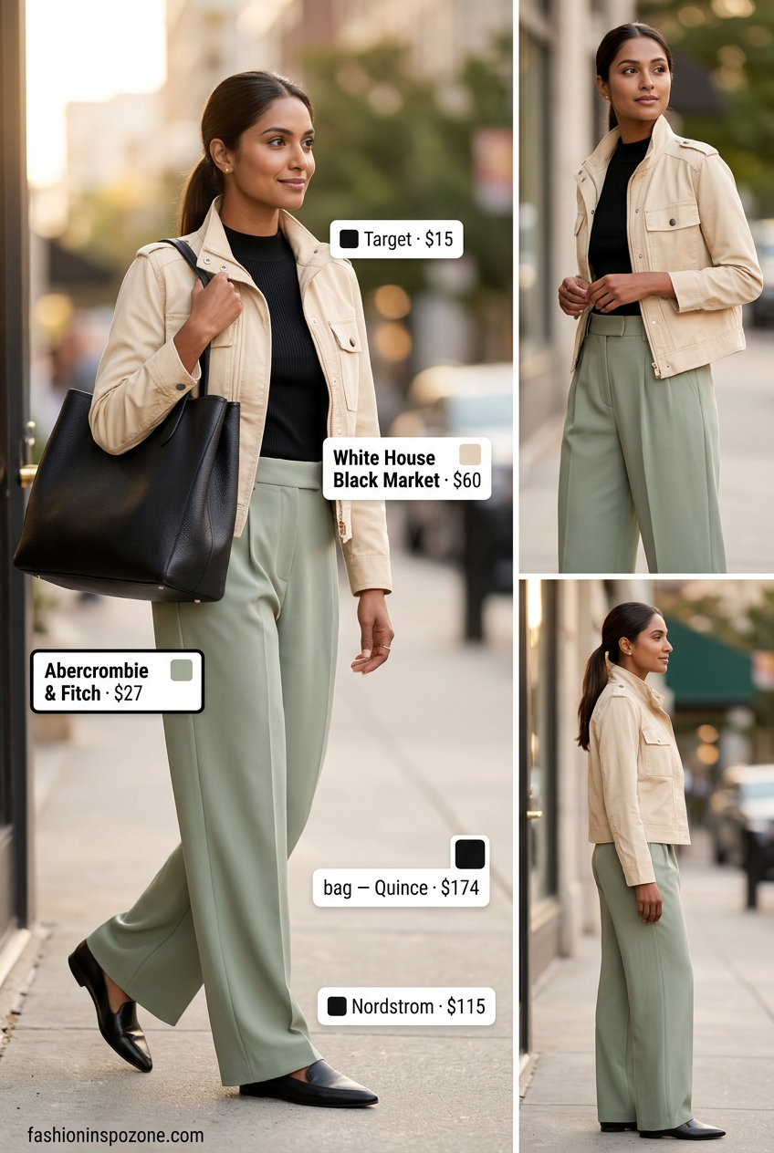 Urban explorer outfit: olive green trousers, black top, loafers, and a structured tote bag. Chic for city days.