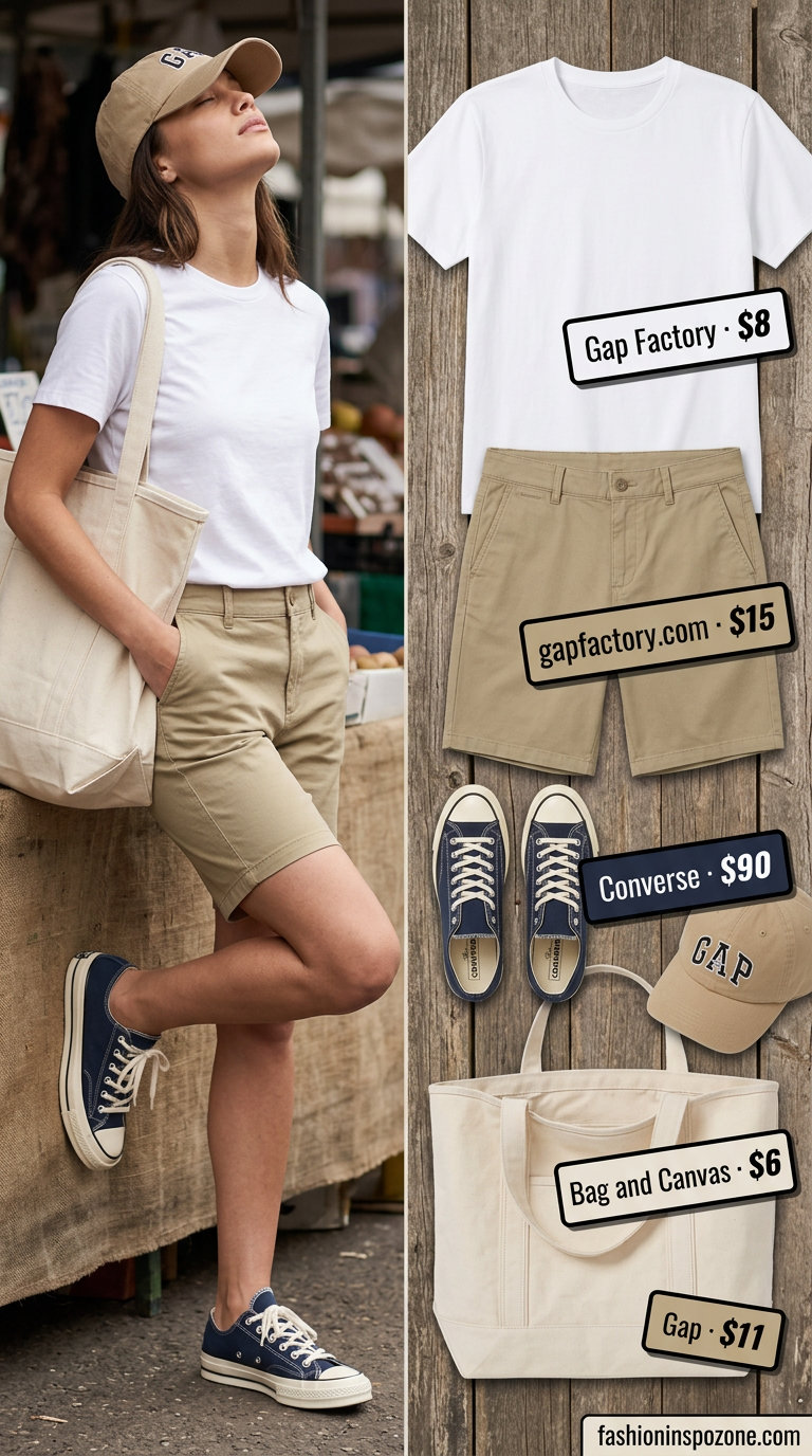 Casual market outfit: khaki shorts, white tee, canvas tote, and sneakers. Practical for weekend errands in summer 2026.