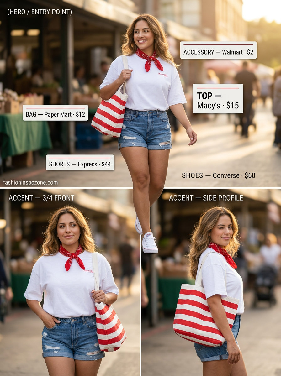 Casual summer tote bag outfit: denim shorts, white graphic tee, striped tote, and sneakers. Perfect for weekend fun.