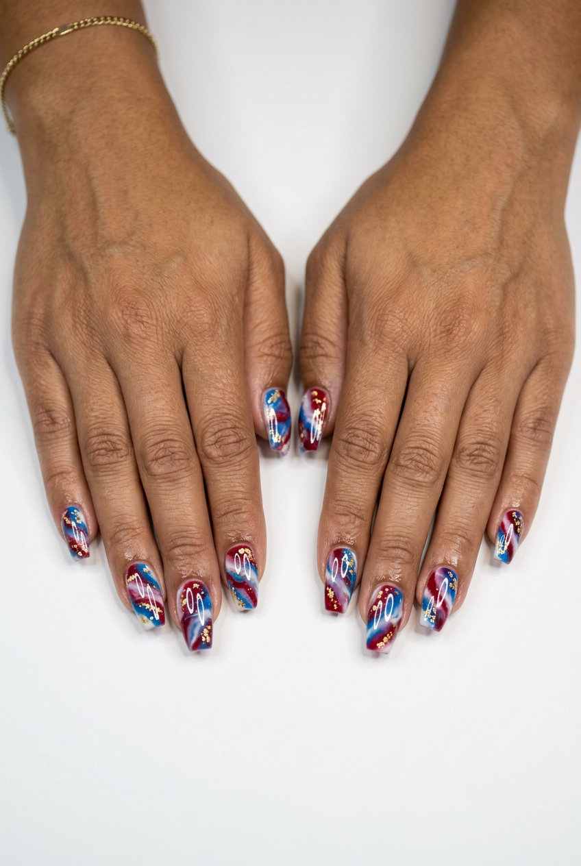 Artisanal patriot marble nails with gold foil for 4th of July nails 2026. Glamorous & bold.