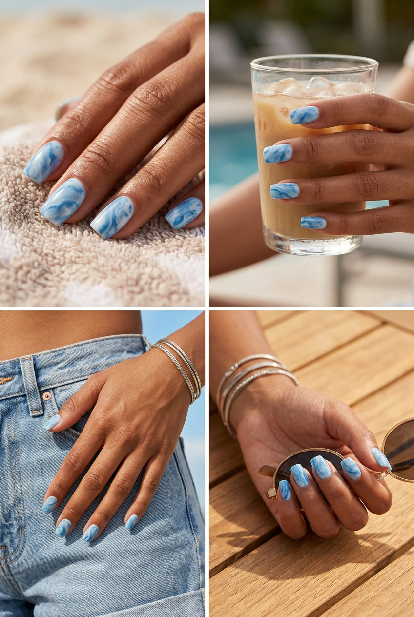 Calm coastal marble nails for 4th of July nails 2026. Bohemian and serene beach vibe.