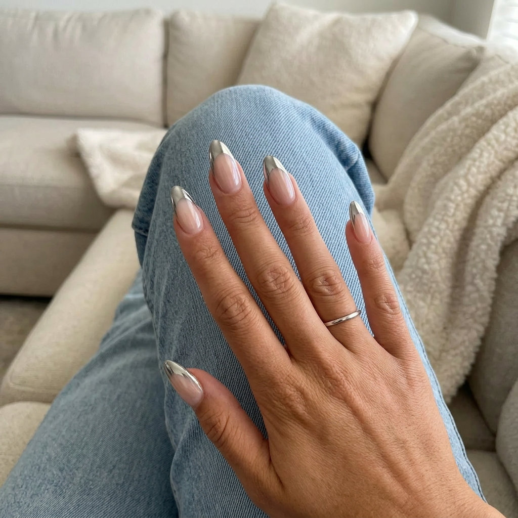 Glamorous 4th of July nails 2026: Long almond nails with silver chrome French tips.