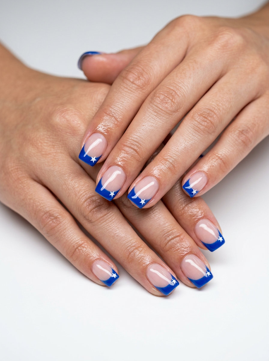 Cobalt blue French tips with white star accents for 4th of July nails 2026. Playful & classic.