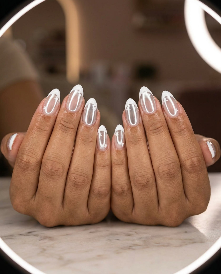 Galactic star French nails with silver chrome for 4th of July nails 2026. Glamorous celestial look.