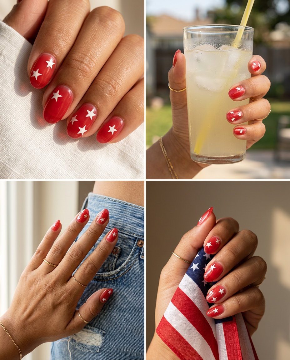Juicy red jelly nails with white stars for 4th of July nails 2026. Playful vacation style.