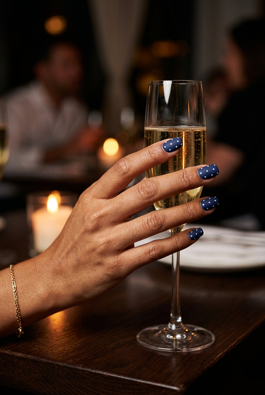 Navy polka dot classic nails for 4th of July nails 2026. Minimalist, chic daily wear.