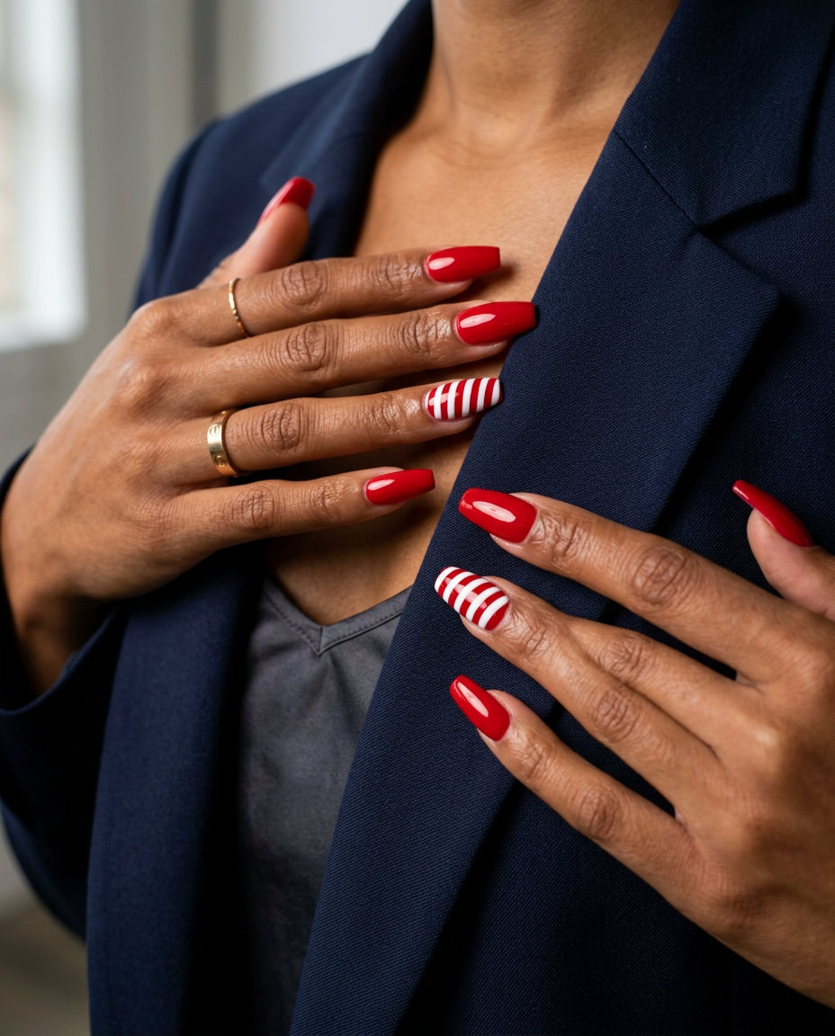 Bold 4th of July nails 2026: Short square nails with glossy red and crisp white stripes.