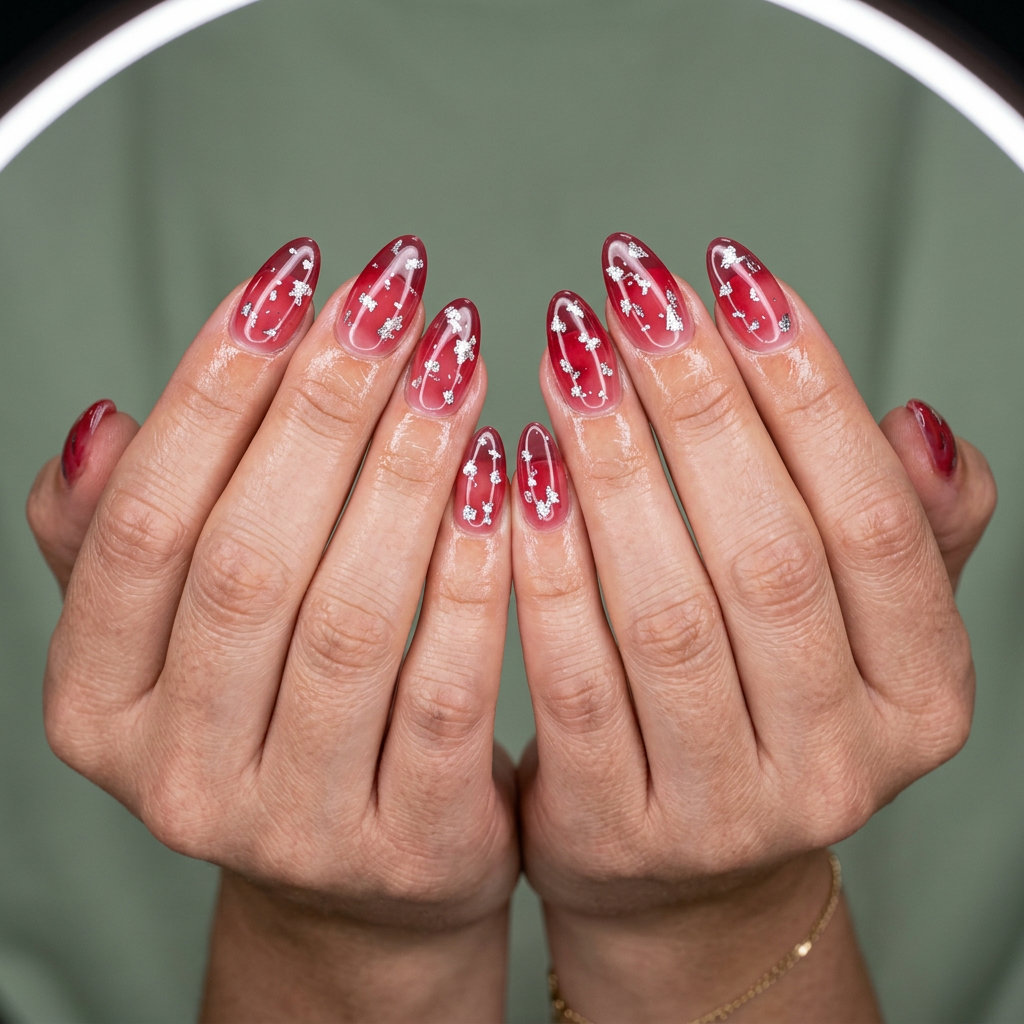 Edgy 4th of July nails 2026: Medium almond nails with sheer red jelly and scattered silver foil.