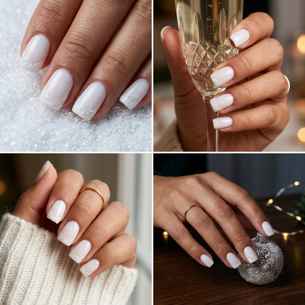 Textured snowflake sparkle squoval nails for 4th of July nails 2026. Whimsical holiday party sparkle.